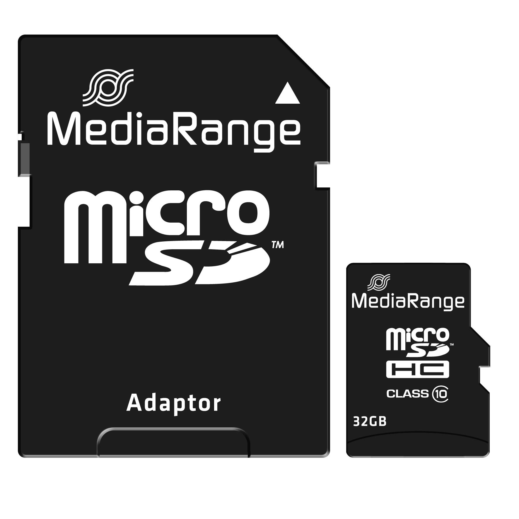 Zwei MediaRange-Speicherkarten dargestellt: eine microSD-Karte mit SD-Adapter, beschriftet mit „Adaptor