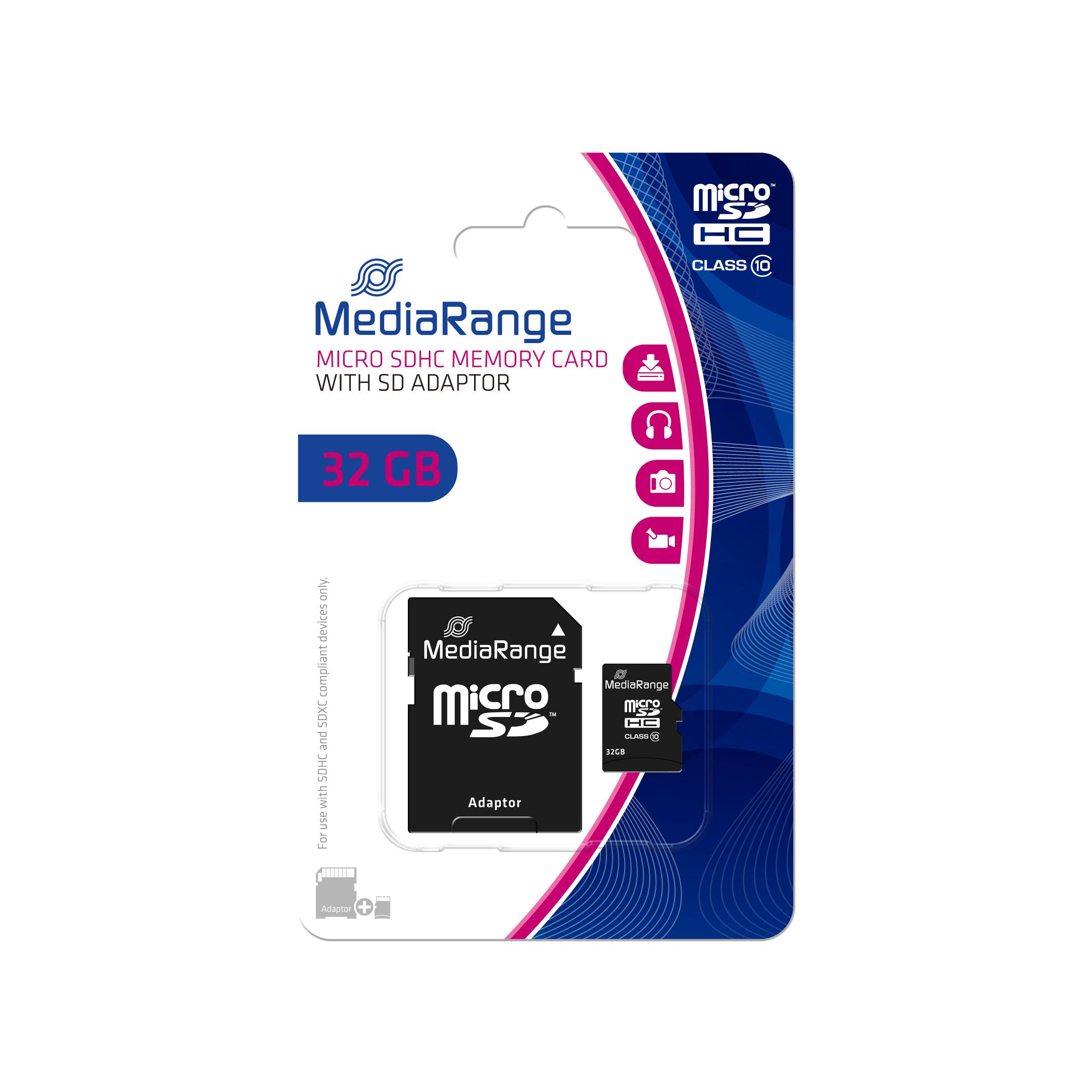MediaRange 32 GB microSDHC-Speicherkarte mit SD-Adapter, dargestellt in Einzelhandelverpackung.