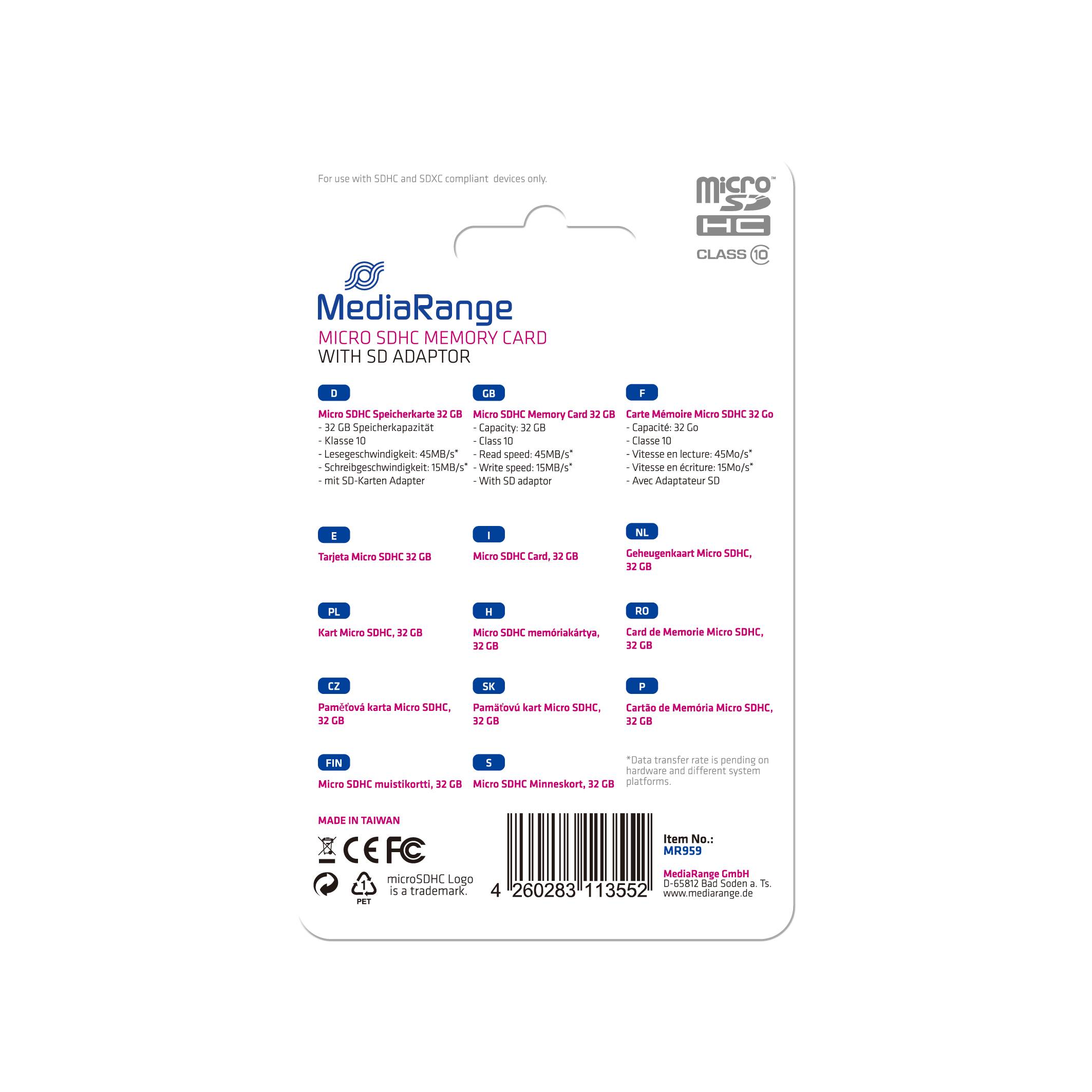 MediaRange microSDHC-Speicherkarte mit SD-Adapter, zeigt Kompatibilitätsliste für mehrere Sprachen und einen Barcode auf der Vorderseite.