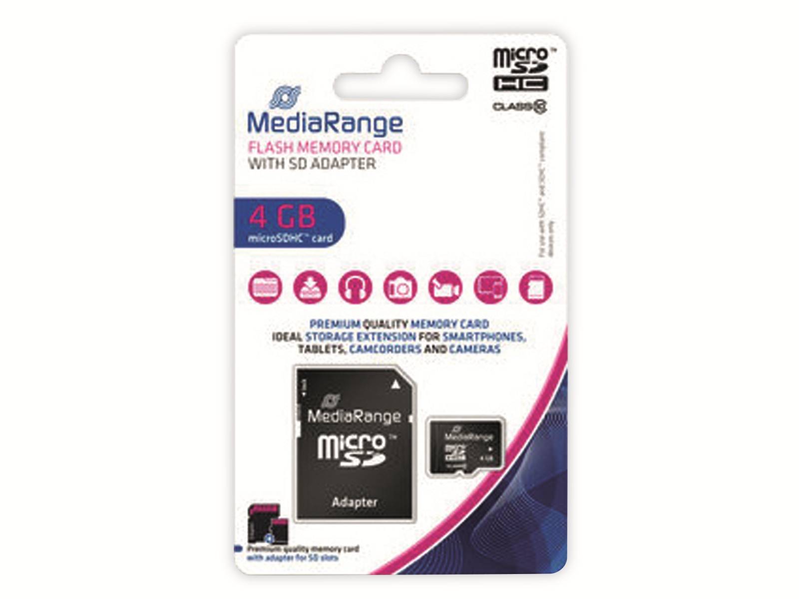 MediaRange 4 GB microSD-Speicherkarte mit SD-Adapter, gezeigt auf einer Einzelhandelverpackung.