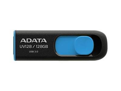 ADATA UV128 128GB USB 3.0 Speicherstick mit blauem Schiebeanschluss auf schwarzem Gehäuse.