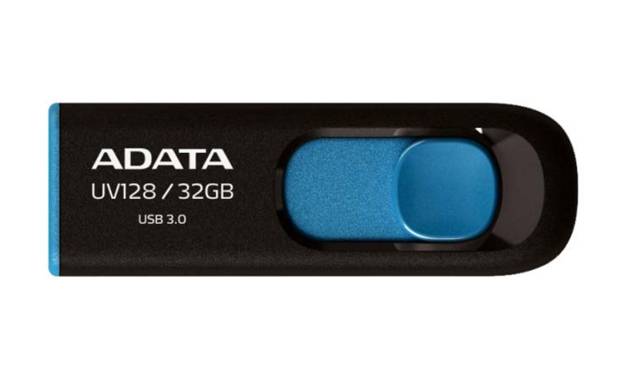 ADATA UV128 32GB USB 3.0 Speicherstick mit blauem Schiebeanschluss und schwarzem Gehäuse