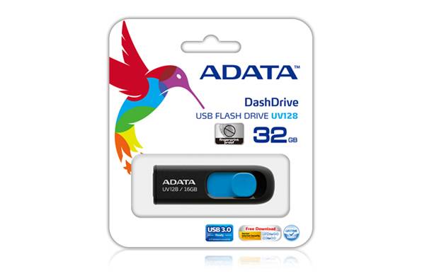 ADATA DashDrive USB-Speicherstick-Verpackung mit einem 32-GB-UV128-Laufwerk mit buntem Vogel-Logo und Produktbild.