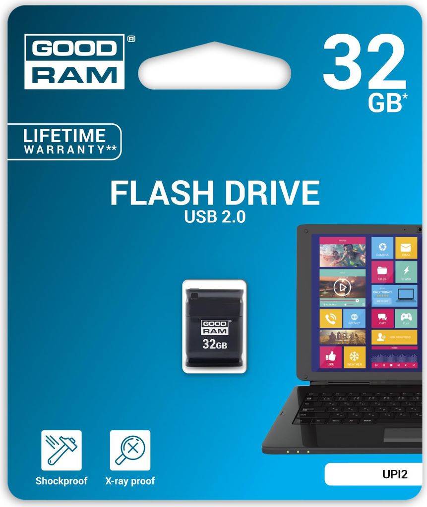 GoodRam 32 GB USB 2.0 Speicherstick-Paket mit lebenslanger Garantie, schockresistent und röntgensicher, mit Laptop-Abbildung.
