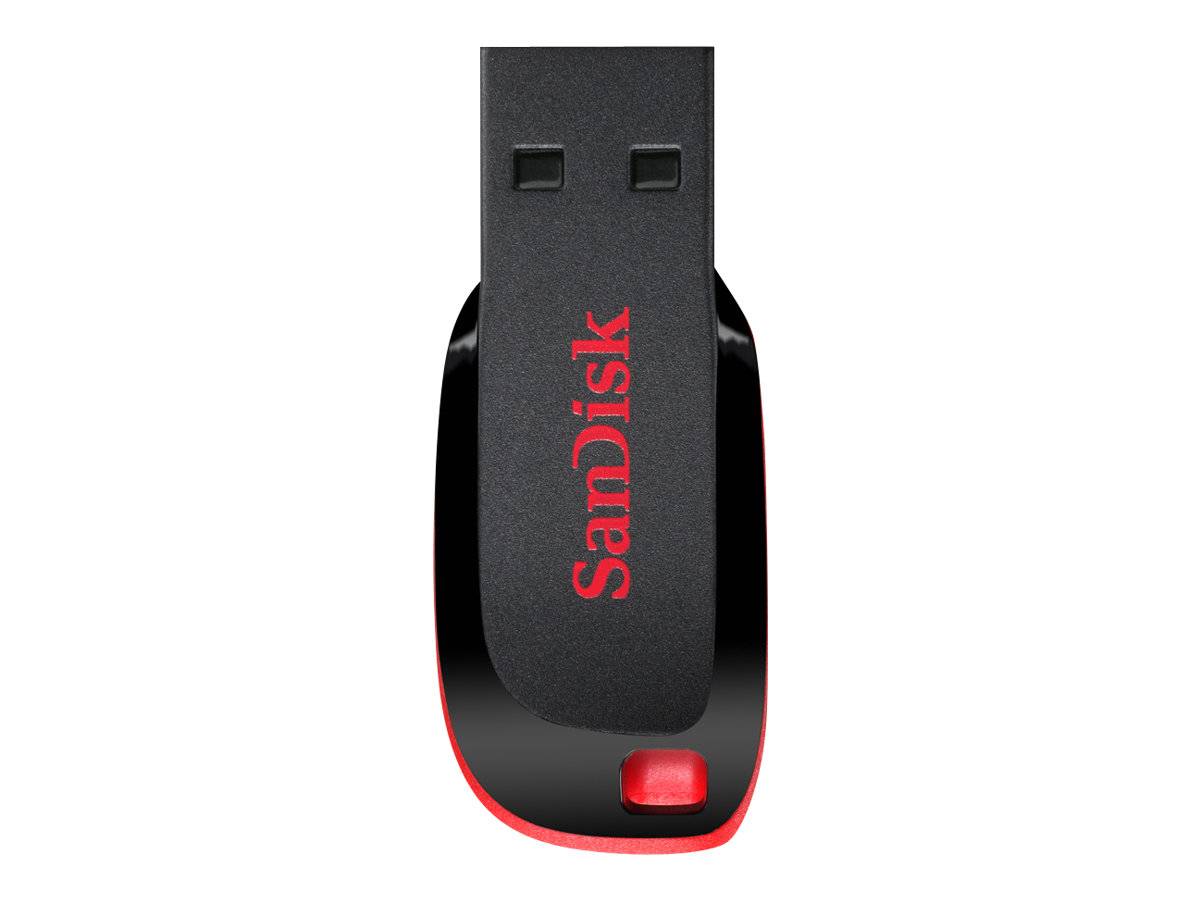 Schwarzes SanDisk USB-Flash-Laufwerk mit rotem Akzent und deckellosem Schwenkdesign auf weißem Hintergrund