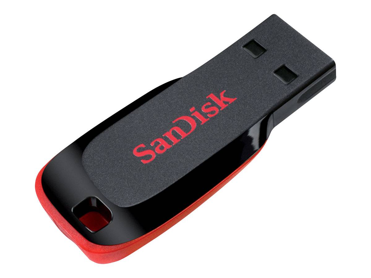 Schwarzer und roter SanDisk USB-Stick mit kapsellosem Schiebeanschluss auf weißem Hintergrund