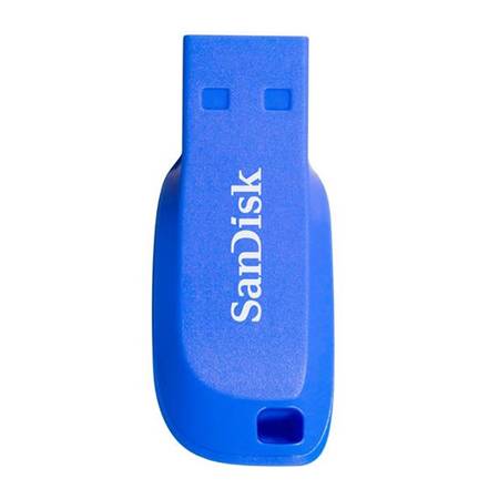 Blauer SanDisk USB-Stick auf weißem Hintergrund, vertikal dargestellt mit sichtbarem Markennamen.