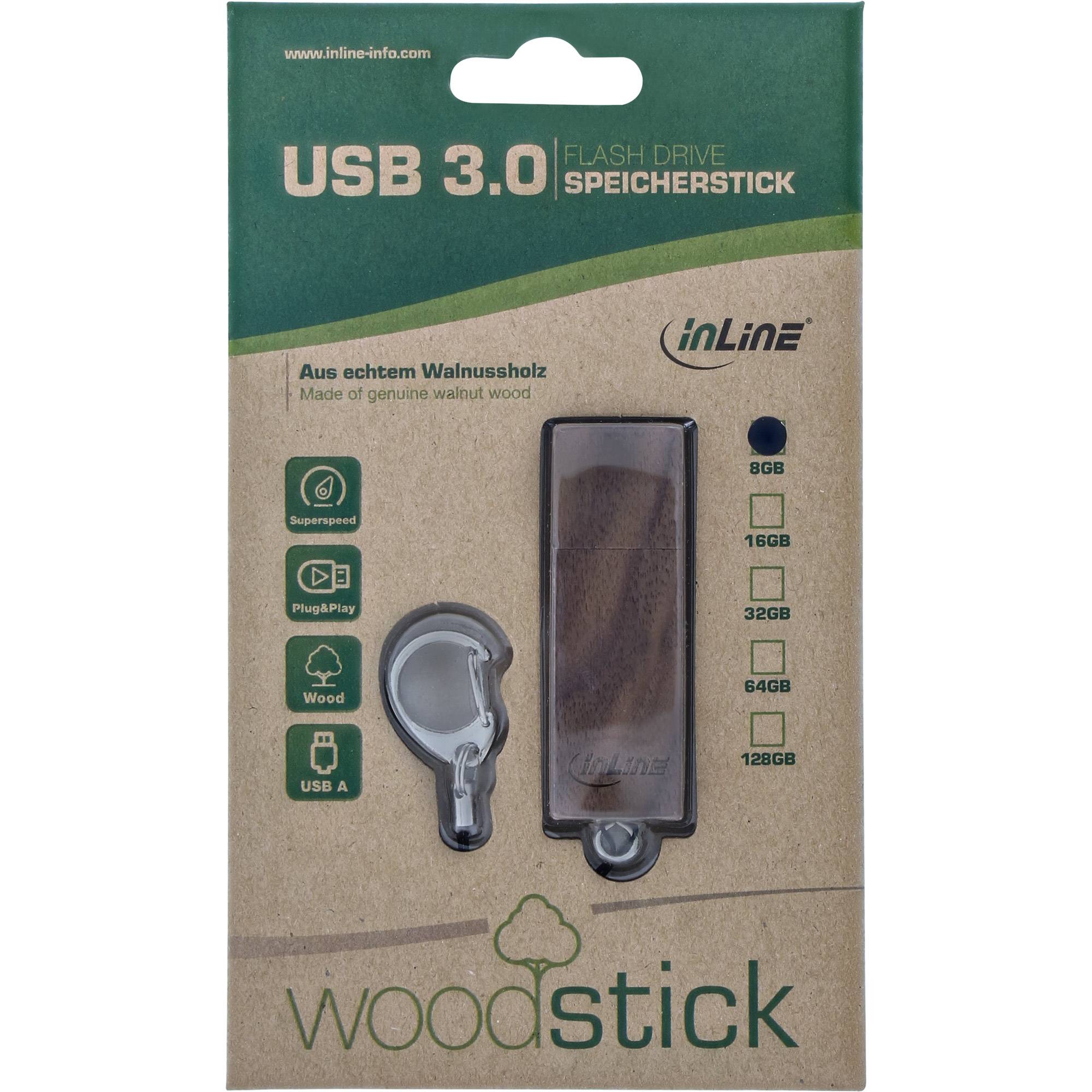 Verpackung für einen iLine USB 3.0-Speicherstift namens „Woodstick