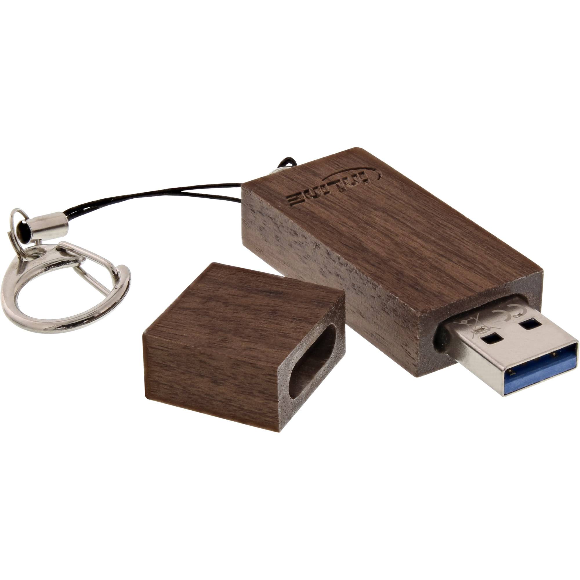 Holz-USB-Stick mit passendem Deckel und Schlüsselanhänger-Schlaufe, auf weißem Hintergrund gezeigt.