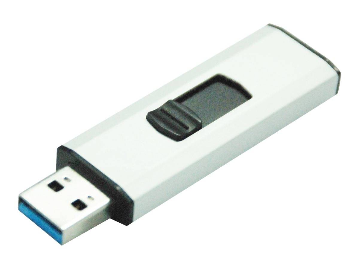 Silberner USB-Stick mit schiebarer schwarzer Kappe, auf weißem Hintergrund dargestellt.