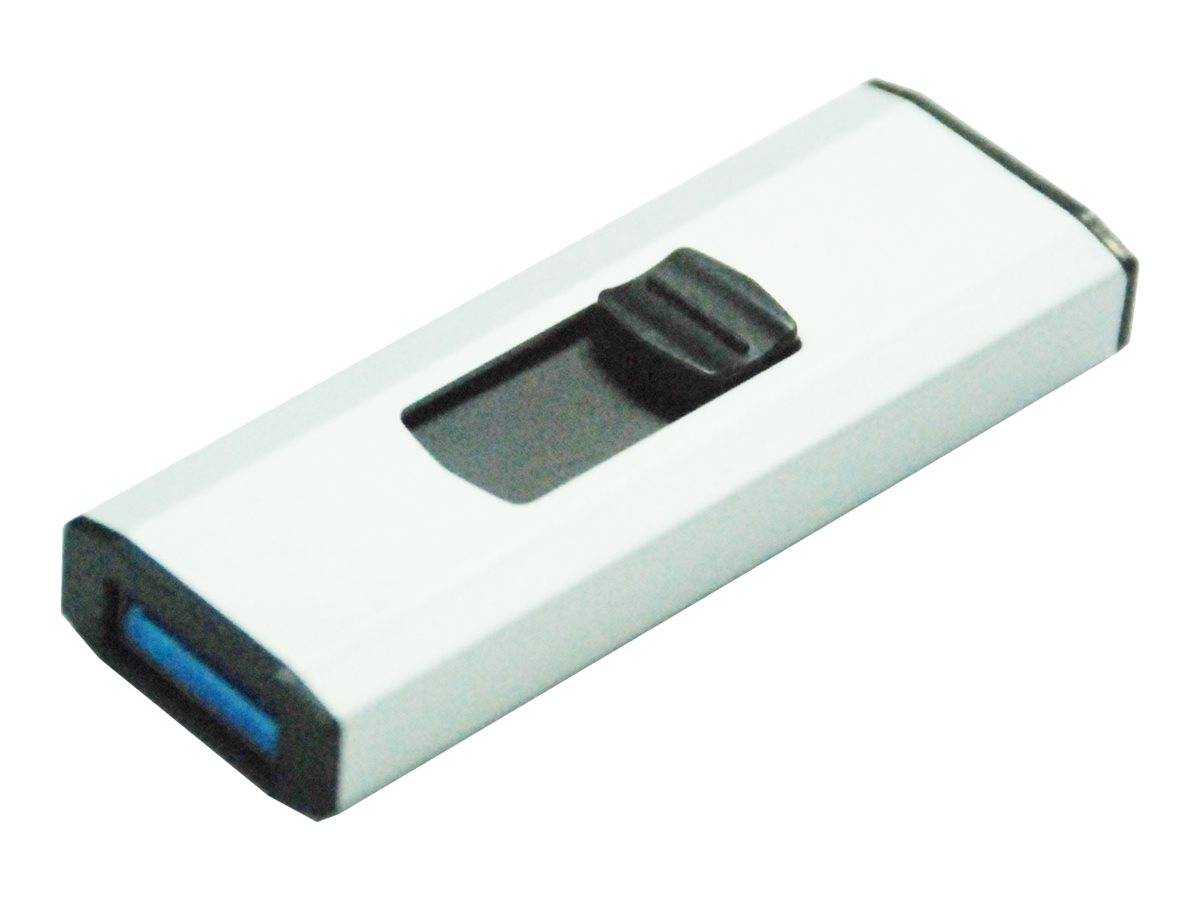 Ein silberner USB-Stick mit einem schwarzen Schiebeschalter und einem blauen USB-Anschluss, auf einem weißen Hintergrund dargestellt.