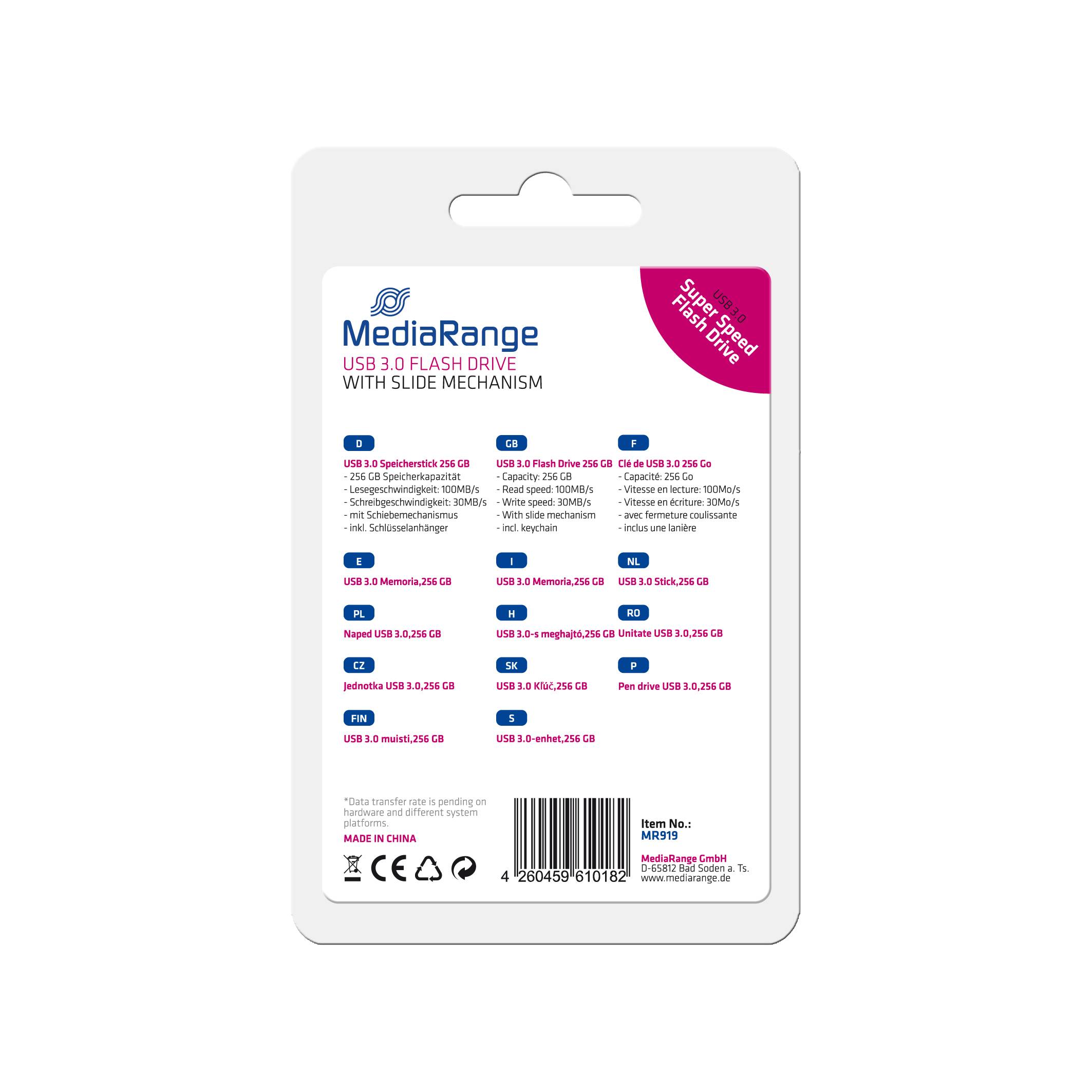 Rückseite einer MediaRange USB 3.0 Flash-Drive-Verpackung mit Produktname, Schiebemechanismus, Kapazitätsoptionen, Funktionen und einem Barcode.
