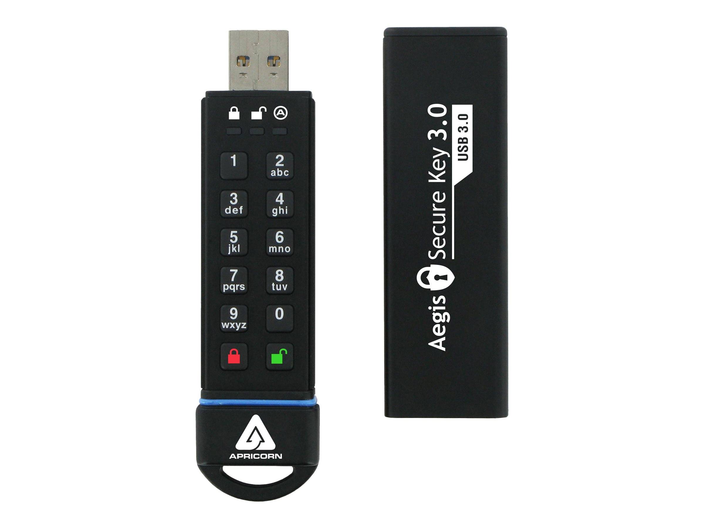 Ein schwarzer Apricorn Aegis Secure Key 3.0 USB-Stick mit integrierter numerischer Tastatur und roten/grünen Sperrtasten, abgebildet neben seiner Schutzkappe.