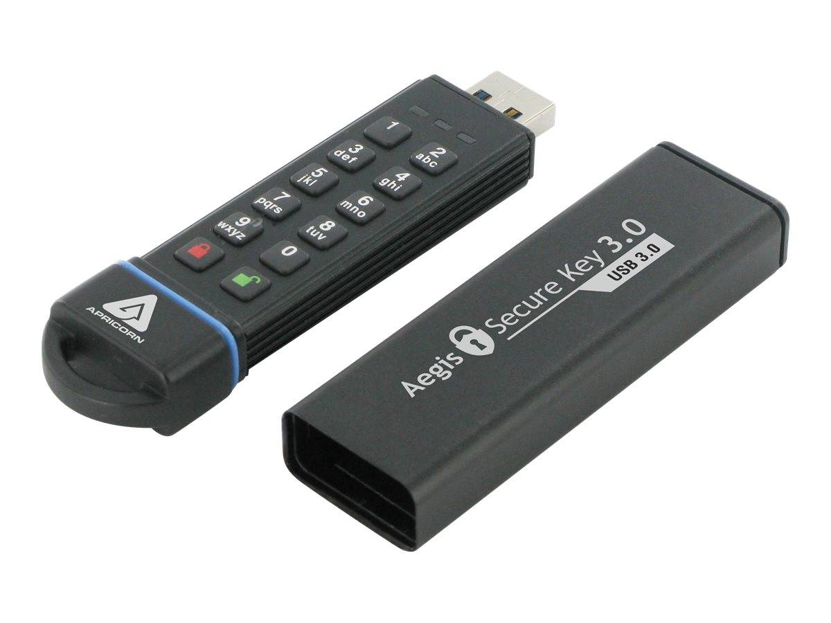 Ein USB-Sicherheitstoken mit Tastatur und Zwei-Faktor-Authentifizierungs-Dongle, dargestellt mit der Schutzkappe daneben.