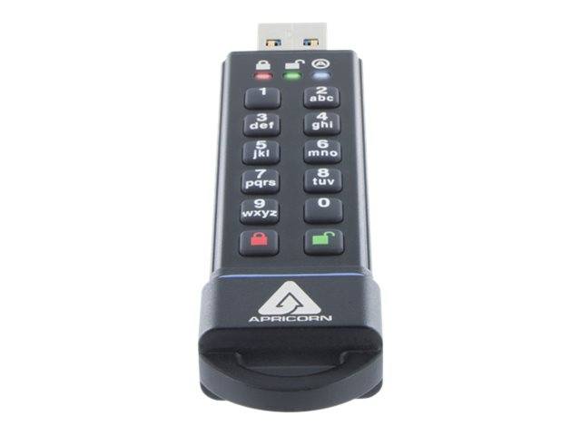Apricorn USB-Laufwerk-Sperre mit integrierter Tastatur zum Eingeben einer PIN, um Daten auf dem Gerät zu sichern oder freizugeben.