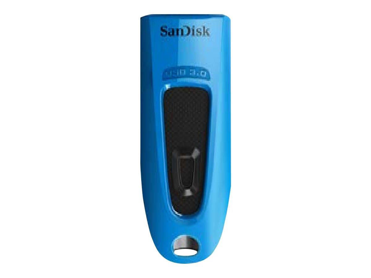 Blauer SanDisk USB-Stick mit schwarzem Griffbereich und Schlüssellochöffnung