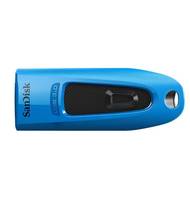 Blauer SanDisk USB-Stick mit schwarzem Schiebeanschluss und silberner Schlüsselanhängeröffnung auf weißem Hintergrund
