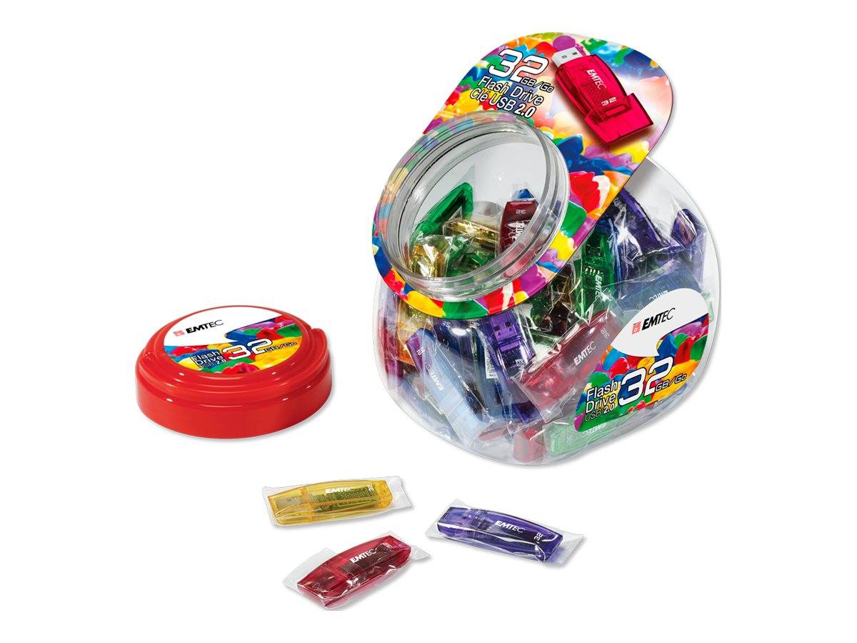 Ein buntes Kunststoff-Bonbonglas mit einem klaren Fenster und verschiedenen verpackten Bonbons darin, shown offen mit mehreren ausgelaufenen Bonbons und einem roten Deckel daneben.