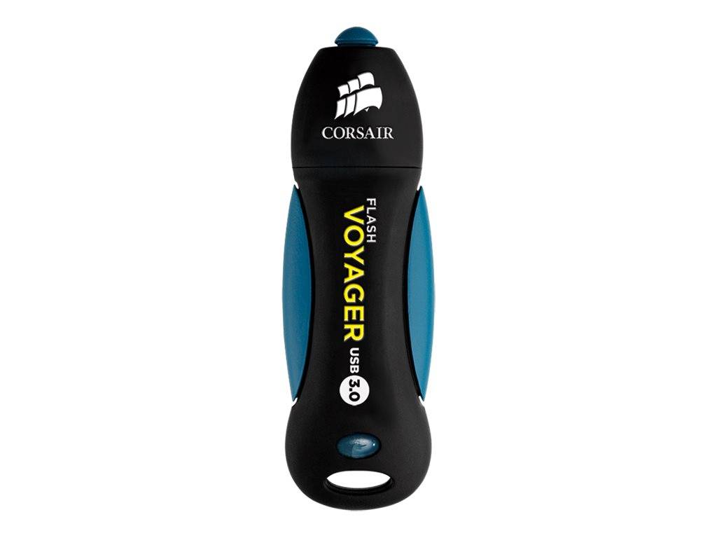 Corsair Flash Voyager USB 3.0-Speicherstick, schwarz mit blauen Seitengriffen, auf weißem Hintergrund dargestellt.