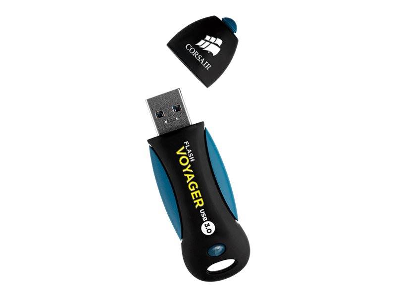 Ein Corsair Flash Voyager USB 3.0-Speicherstick mit entfernter schwarzer Kappe, der den USB-Anschluss zeigt.