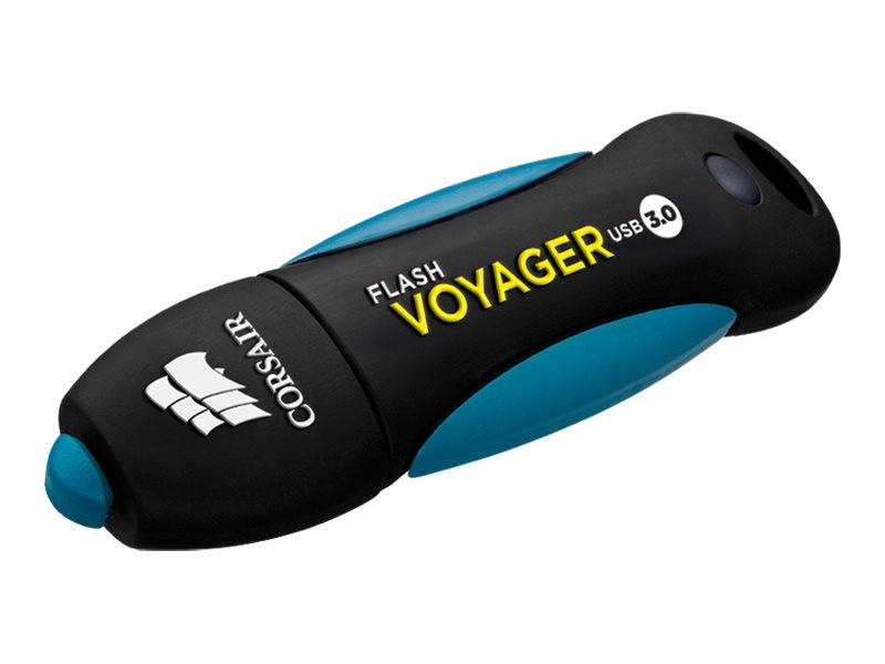 Corsair Flash Voyager USB 3.0 Speicherstick, Schwarz- und Blaudesign mit wasserabweisender Optik auf weißem Hintergrund.