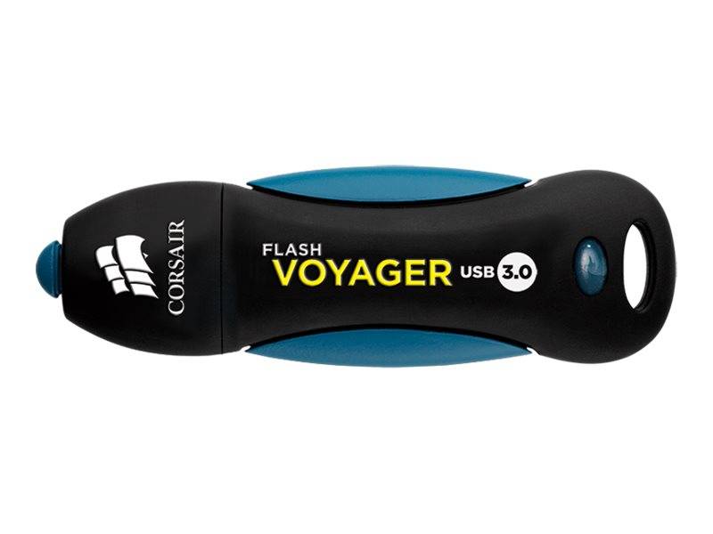 Corsair Flash Voyager USB 3.0 Speicherstick, schwarz und blau, auf weißem Hintergrund dargestellt.