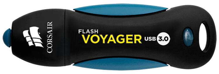 Corsair Flash Voyager USB 3.0 Speicherstick mit blauen Akzenten und weißem Logo/Text auf einfachem weißem Hintergrund