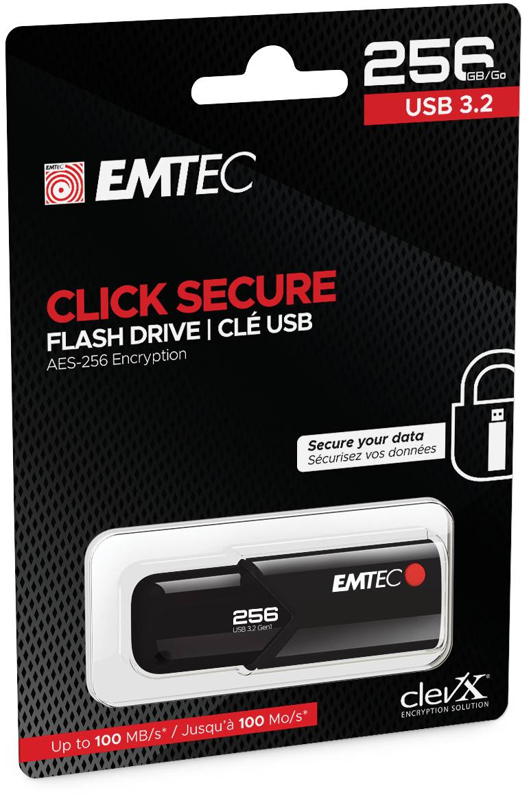 Emtec B120 Click Secure, 256 GB, USB Typ-A, 3.2 Gen 2 (3.1 Gen 2), Dia, Schwarz