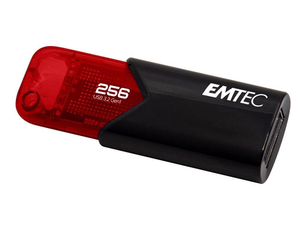 Schwarzes und rotes EMTEC USB-Speicherlaufwerk mit der Beschriftung „256 USB 3.2 Gen1