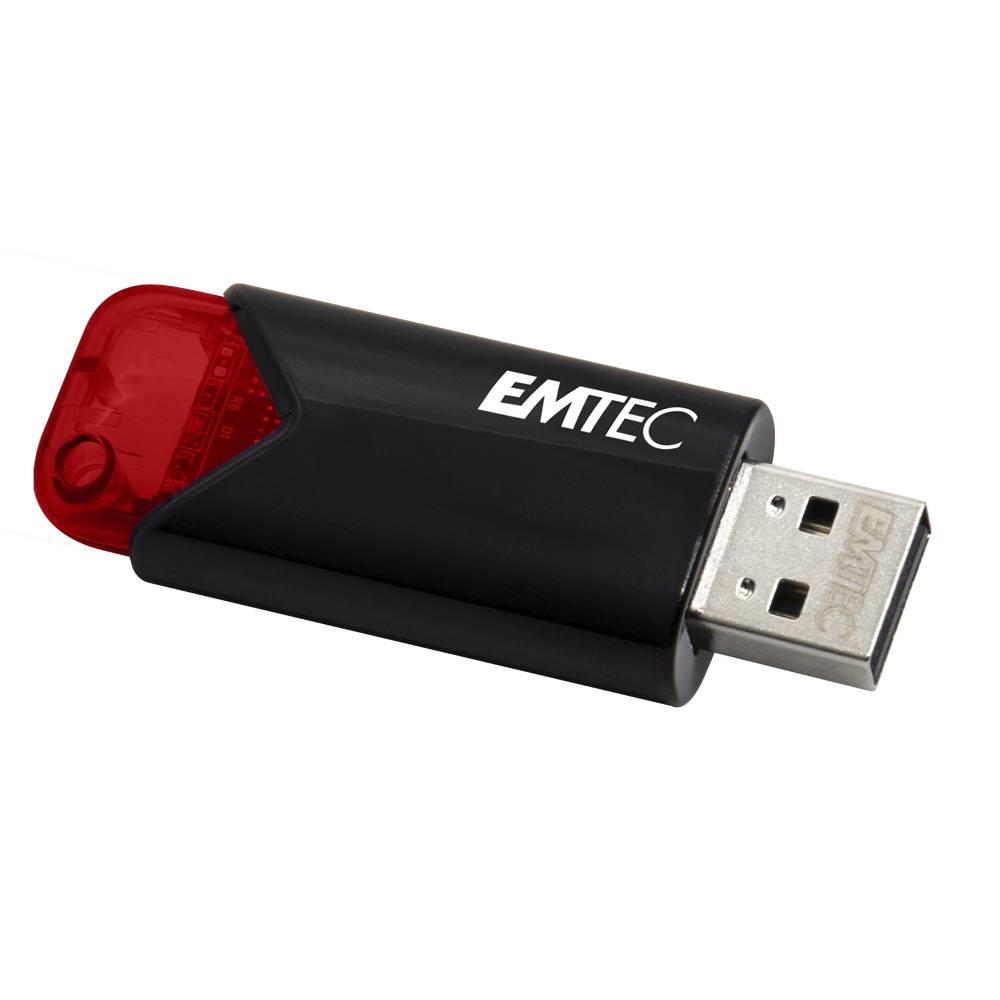 Schwarzes EMTEC USB-Speicherlaufwerk mit roter Kappe und freiliegendem USB-Stecker auf weißem Hintergrund.