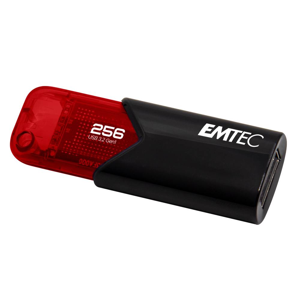 Roter und schwarzer EMTEC 256GB USB 3.2 Gen1 Speicherstick auf weißem Hintergrund