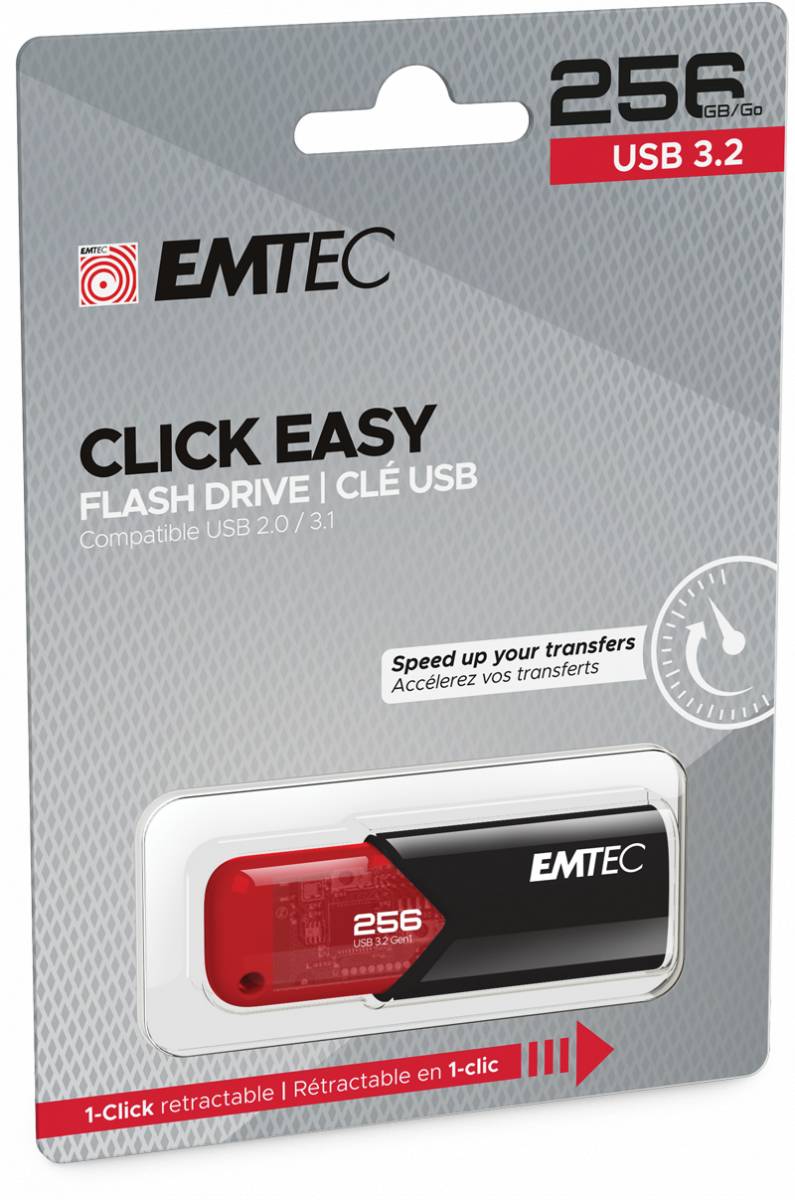 EMTEC Click Easy 256GB USB 3.2 Speicher-Stick-Verpackung mit einem rot-schwarzen einziehbaren USB-Stick-Bild und einer Kennzeichnung des 