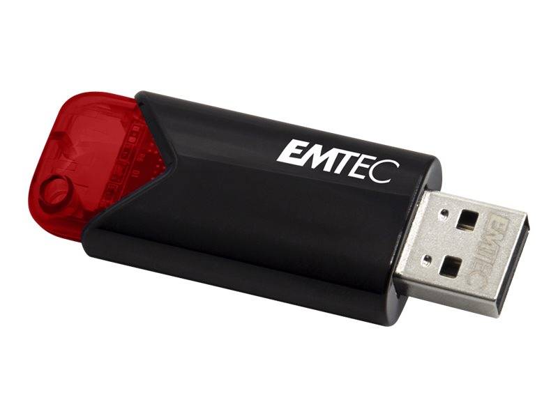 Schwarzer EMTEC USB-Stick mit roter durchscheinender Kappe, shown on a white background.