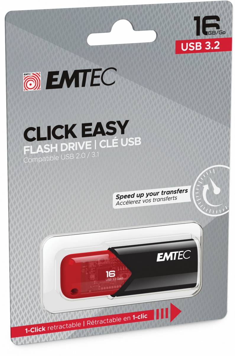 EMTEC Click Easy 16 GB USB 3.2 Speicherstick mit rotem und schwarzem ausfahrbarem USB-Laufwerk auf der Verpackung gezeigt.