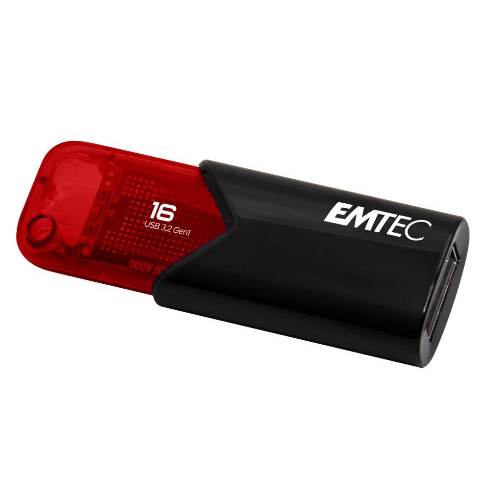 Schwarzes und rotes EMTEC 16GB USB 3.2 Gen1 Flash-Laufwerk auf weißem Hintergrund.