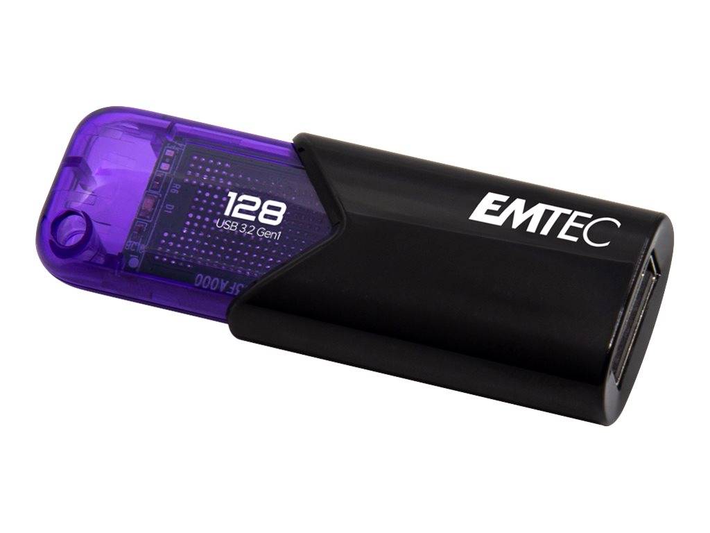 Emtec 128GB USB 3.2 Gen1 Speicherstick, schwarz mit violetter durchscheinender Kappe, auf weißem Hintergrund dargestellt.