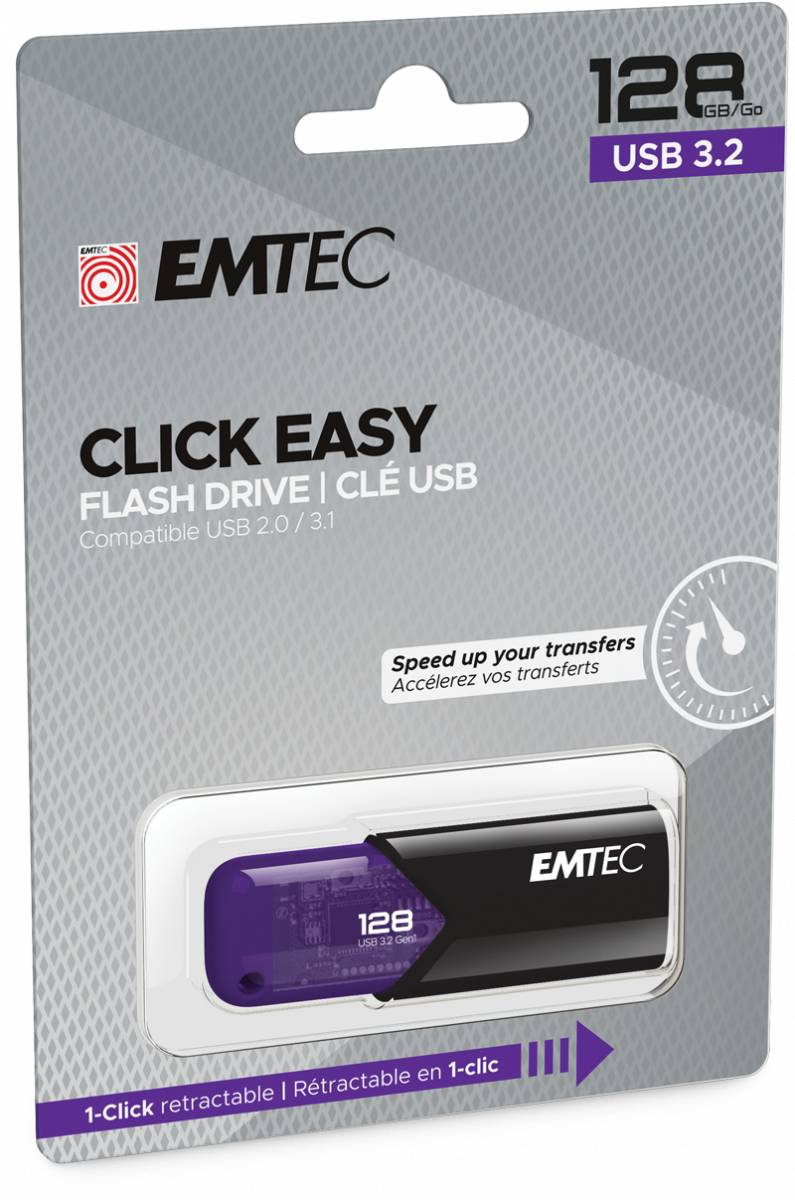 EMTEC Click Easy 128GB USB 3.2 Flash-Laufwerk, Verpackung mit Aufschrift „1-Click ausziehbar" und kompatibel mit USB 2.0/3.1.