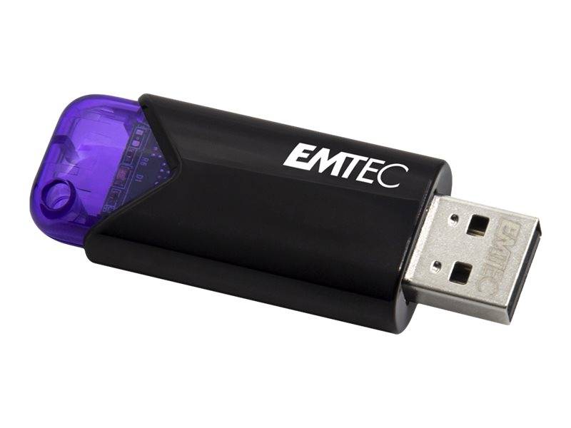 Schwarzes EMTEC USB-Laufwerk mit einer violetten durchscheinenden Kappe, isoliert auf weißem Hintergrund dargestellt.