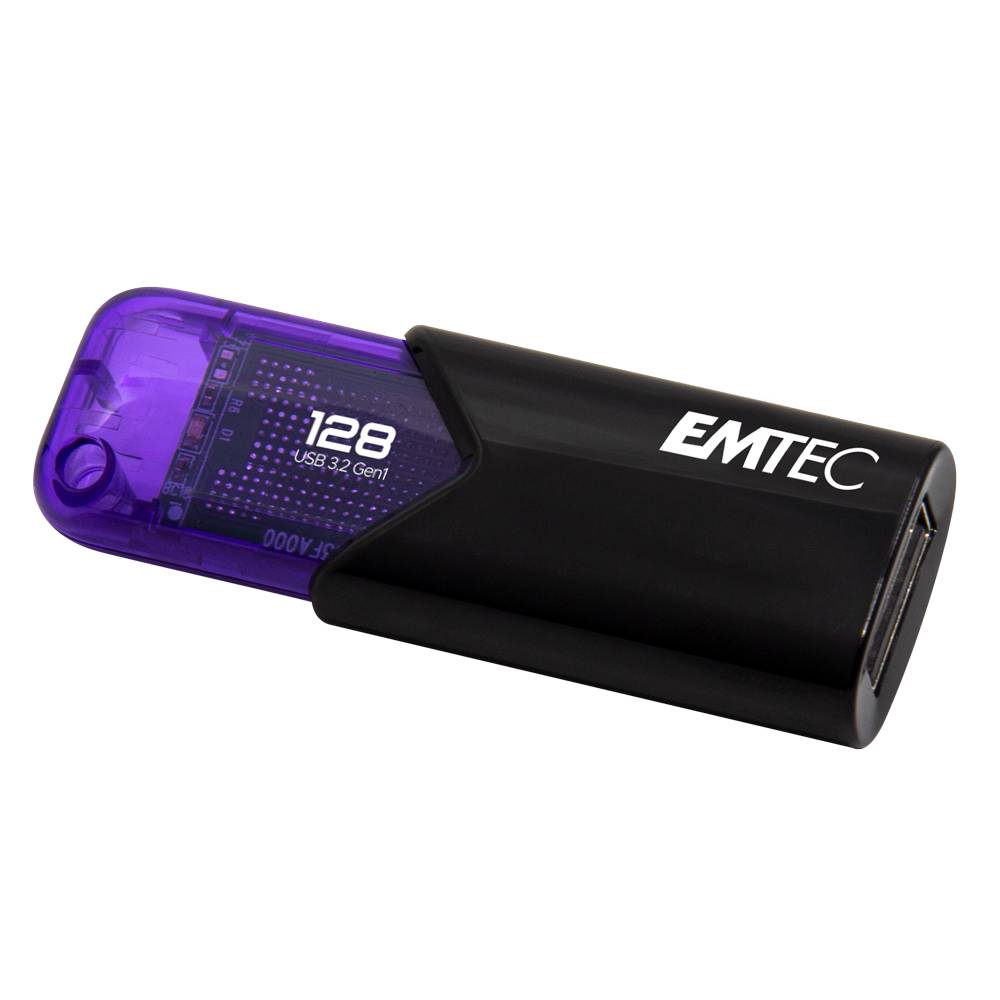 Schwarzer und violetter EMTEC USB-Stick mit der Bezeichnung „128 USB 3.2 Gen1" auf weißem Hintergrund.
