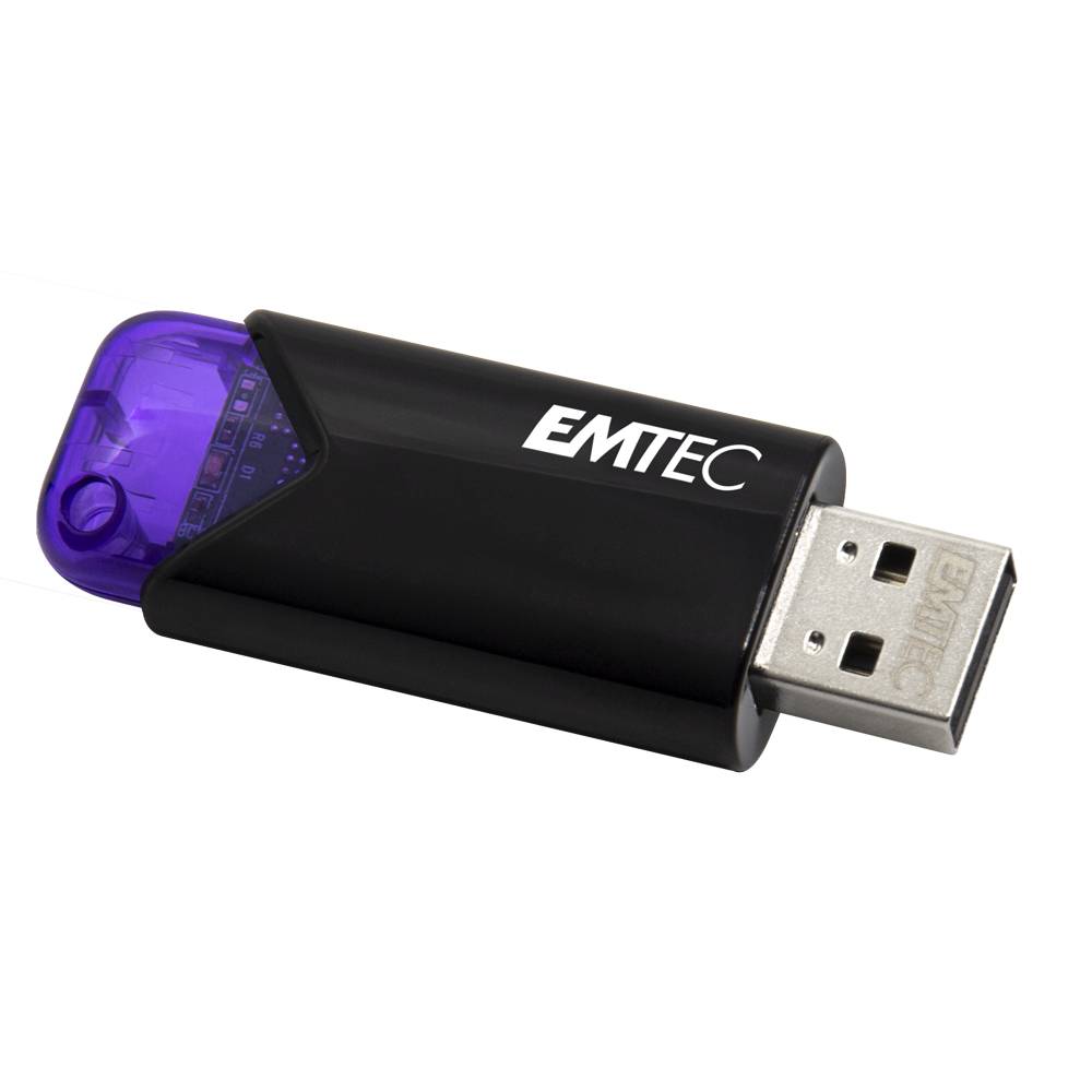 EMTEC USB-Stick mit einer violett durchscheinenden Kappe und schwarzem Gehäuse auf weißem Hintergrund.