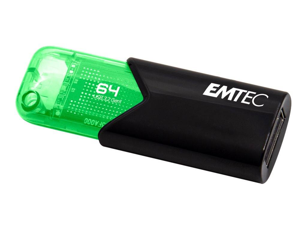 Schwarzes EMTEC USB-Speicherlaufwerk mit transparenter grüner Kappe mit einer 64-GB-microSD-Karte