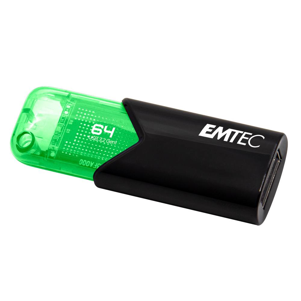 Ein schwarzes Emtec USB-Stick mit einer durchscheinenden grünen Kappe mit der Beschriftung „64" auf weißem Hintergrund.