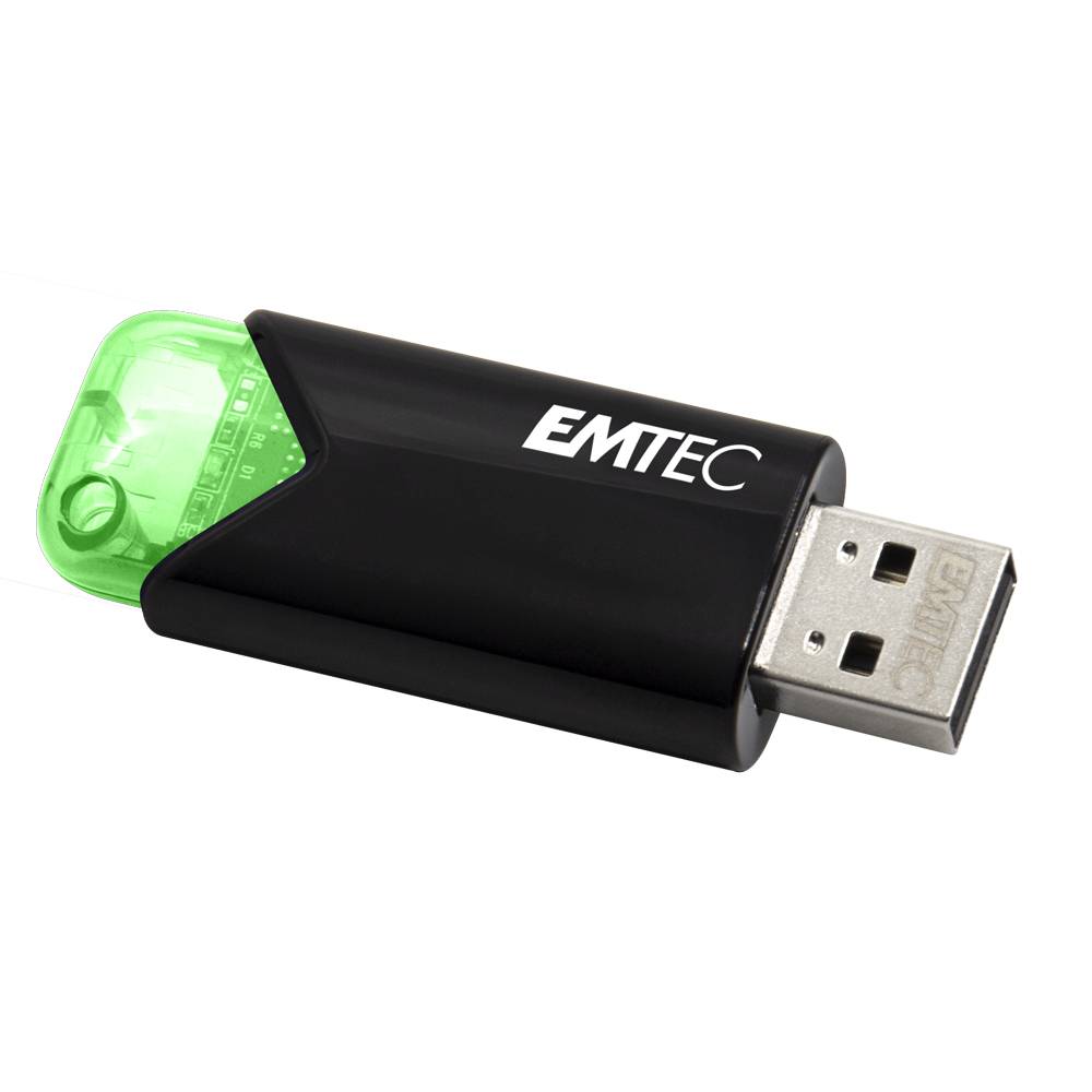 Schwarzes EMTEC-USB-Speicherlaufwerk mit durchscheinendem grünem Deckel und freiliegendem USB-Stecker auf weißem Hintergrund