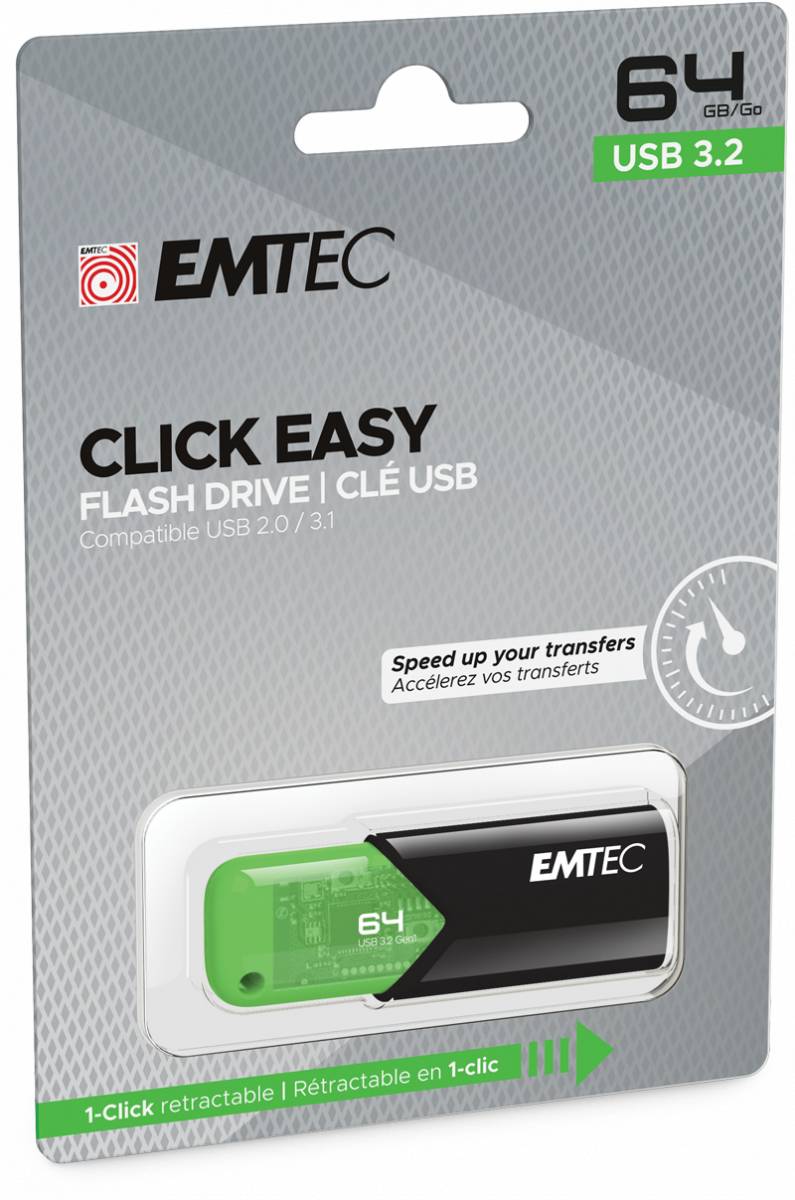 EMTEC Click Easy 64 GB USB 3.2 Speicherstick mit ausfahrbarem Laufwerk in Grün und Schwarz; kompatibel mit USB 2.0/3.1.