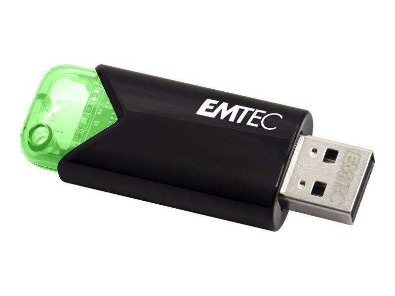 Schwarzes EMTEC-USB-Speicherstick mit durchscheinendem grünem Deckel und freiliegendem USB-Anschluss auf weißem Hintergrund.