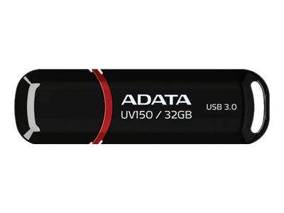 Schwarzer ADATA UV150 32GB USB 3.0 Speicherstick mit rotem Akzent und Schlüsselanhänger-Schlitz auf weißem Hintergrund