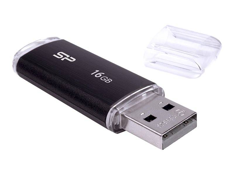 Schwarzes 16GB USB-Speicherlaufwerk mit entfernter transparenter Kappe, gezeigt auf weißem Hintergrund.