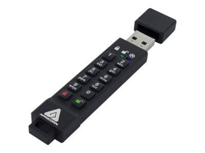 Schwarzer USB-Dongle mit kleinem numerischem Tastenfeld und Funktionstasten, wahrscheinlich ein Sicherheitstoken oder Passwortgerät.