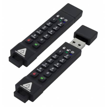Zwei schwarze USB-Speichersticks mit Tastaturzahlenpads-Sperren, auf weißem Hintergrund dargestellt.
