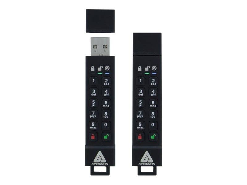 Zwei schwarze Apricorn USB-Zahlenkombinationsschlösser mit Ziffernblöcken, Statussymbolen und USB-Anschlüssen, die nebeneinander angezeigt werden.
